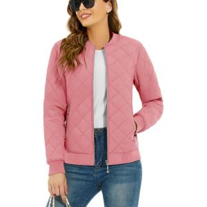 imageTACVASEN Womens Diamond Quilted Jackets Lightweight Casual Bomber Jacket Warm Winter Coats Full Zip with PocketsAsh Pink