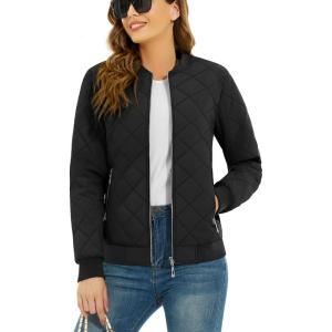imageTACVASEN Womens Diamond Quilted Jackets Lightweight Casual Bomber Jacket Warm Winter Coats Full Zip with PocketsBlack