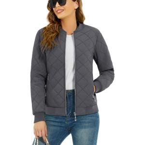 imageTACVASEN Womens Diamond Quilted Jackets Lightweight Casual Bomber Jacket Warm Winter Coats Full Zip with PocketsDark Grey