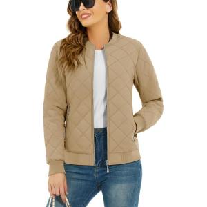 imageTACVASEN Womens Diamond Quilted Jackets Lightweight Casual Bomber Jacket Warm Winter Coats Full Zip with PocketsKhaki