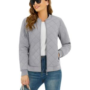 imageTACVASEN Womens Diamond Quilted Jackets Lightweight Casual Bomber Jacket Warm Winter Coats Full Zip with PocketsLight Grey