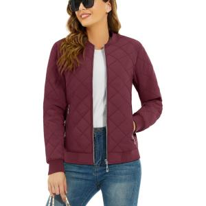 imageTACVASEN Womens Diamond Quilted Jackets Lightweight Casual Bomber Jacket Warm Winter Coats Full Zip with PocketsWine Red