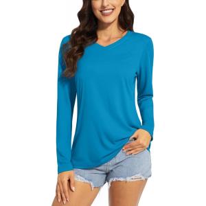 imageTACVASEN Womens UPF 50 Sun Protection V Neck Long Sleeve Tops Quick Dry Hiking Running Workout TShirtsGreen Blue