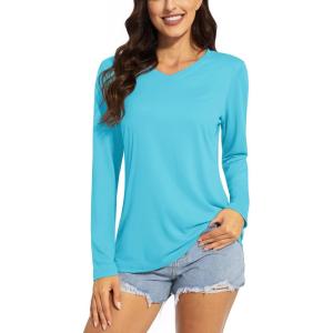 imageTACVASEN Womens UPF 50 Sun Protection V Neck Long Sleeve Tops Quick Dry Hiking Running Workout TShirtsIce Blue