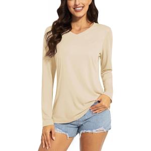 imageTACVASEN Womens UPF 50 Sun Protection V Neck Long Sleeve Tops Quick Dry Hiking Running Workout TShirtsLight Apricot