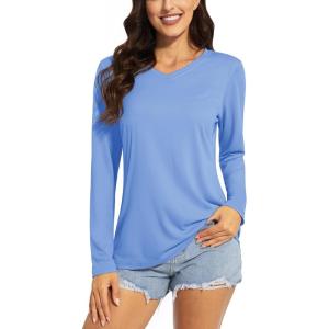 imageTACVASEN Womens UPF 50 Sun Protection V Neck Long Sleeve Tops Quick Dry Hiking Running Workout TShirtsLight Blue