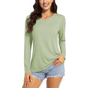 imageTACVASEN Womens UPF 50 Sun Protection V Neck Long Sleeve Tops Quick Dry Hiking Running Workout TShirtsLight Green