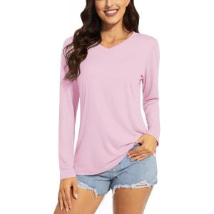 imageTACVASEN Womens UPF 50 Sun Protection V Neck Long Sleeve Tops Quick Dry Hiking Running Workout TShirtsLight Pink