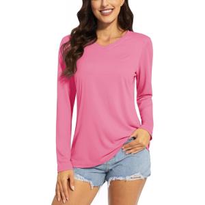 imageTACVASEN Womens UPF 50 Sun Protection V Neck Long Sleeve Tops Quick Dry Hiking Running Workout TShirtsRose Red