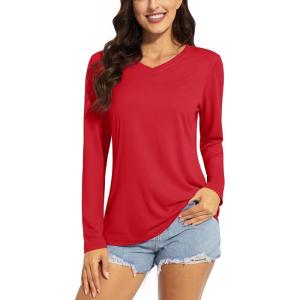 imageTACVASEN Womens UPF 50 Sun Protection V Neck Long Sleeve Tops Quick Dry Hiking Running Workout TShirtsTomato Red