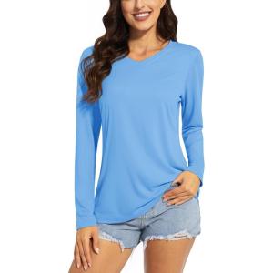 imageTACVASEN Womens UPF 50 Sun Protection V Neck Long Sleeve Tops Quick Dry Hiking Running Workout TShirtsWaterfall Blue