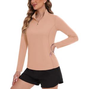 imageTACVASEN Womens UV Protection Shirts Quarter Zip Pullover Womens UPF 50 Long Sleeve Shirts Golf Shirts Workout TopsApricot