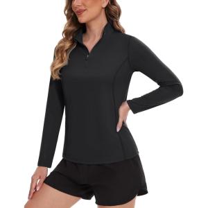 imageTACVASEN Womens UV Protection Shirts Quarter Zip Pullover Womens UPF 50 Long Sleeve Shirts Golf Shirts Workout TopsBlack