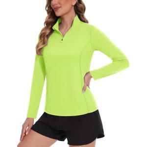 imageTACVASEN Womens UV Protection Shirts Quarter Zip Pullover Womens UPF 50 Long Sleeve Shirts Golf Shirts Workout TopsFluorescent Green