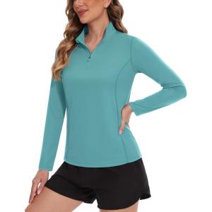 imageTACVASEN Womens UV Protection Shirts Quarter Zip Pullover Womens UPF 50 Long Sleeve Shirts Golf Shirts Workout TopsGray Green
