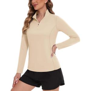 imageTACVASEN Womens UV Protection Shirts Quarter Zip Pullover Womens UPF 50 Long Sleeve Shirts Golf Shirts Workout TopsLight Apricot