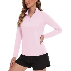 imageTACVASEN Womens UV Protection Shirts Quarter Zip Pullover Womens UPF 50 Long Sleeve Shirts Golf Shirts Workout TopsPink