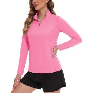 imageTACVASEN Womens UV Protection Shirts Quarter Zip Pullover Womens UPF 50 Long Sleeve Shirts Golf Shirts Workout TopsRose Red