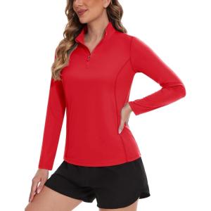 imageTACVASEN Womens UV Protection Shirts Quarter Zip Pullover Womens UPF 50 Long Sleeve Shirts Golf Shirts Workout TopsTomato Red