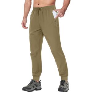 imageTACVASEN Mens Athletic Joggers with Zipper Pocket Quick Dry Lightweight Hiking Pants Stretch Running Workout SweatpantsKhaki
