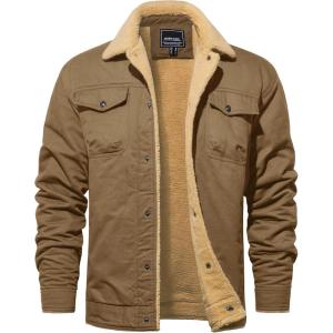 imageTACVASEN Mens Winter Jacket Sherpa Fleece Lined Cargo Coat Warm Thick Trucker Jacket with Multi PocketsKhaki