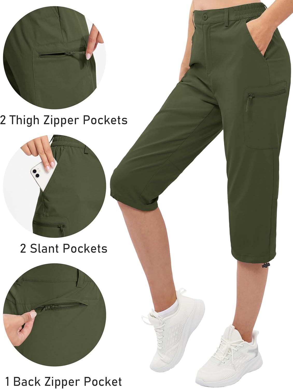 imageTACVASEN Womens Cargo Capris Hiking Pants Lightweight Quick Dry Travel Long Shorts Golf Casual Summer Zipper PocketsArmy Green