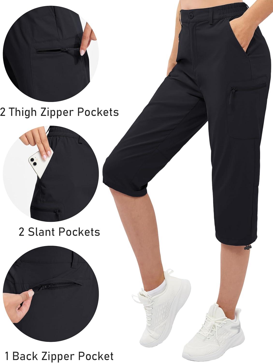 imageTACVASEN Womens Cargo Capris Hiking Pants Lightweight Quick Dry Travel Long Shorts Golf Casual Summer Zipper PocketsBlack