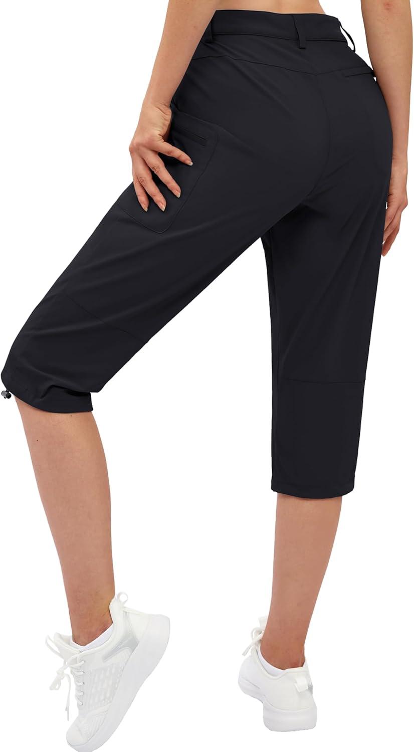 imageTACVASEN Womens Cargo Capris Hiking Pants Lightweight Quick Dry Travel Long Shorts Golf Casual Summer Zipper PocketsBlack