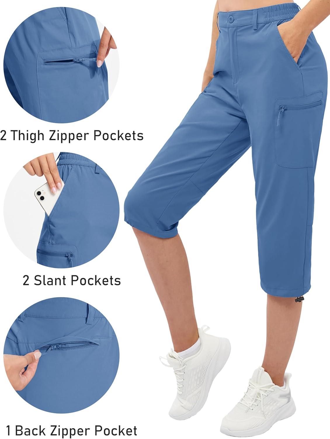 imageTACVASEN Womens Cargo Capris Hiking Pants Lightweight Quick Dry Travel Long Shorts Golf Casual Summer Zipper PocketsBlue Grey