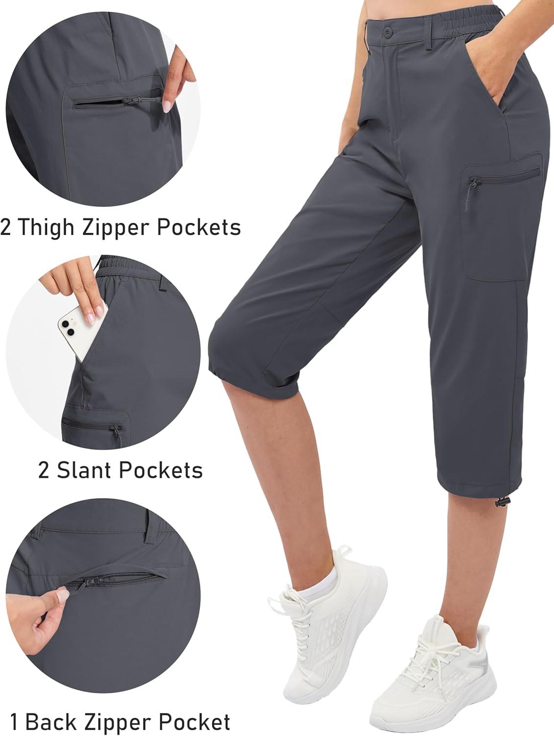imageTACVASEN Womens Cargo Capris Hiking Pants Lightweight Quick Dry Travel Long Shorts Golf Casual Summer Zipper PocketsDark Grey