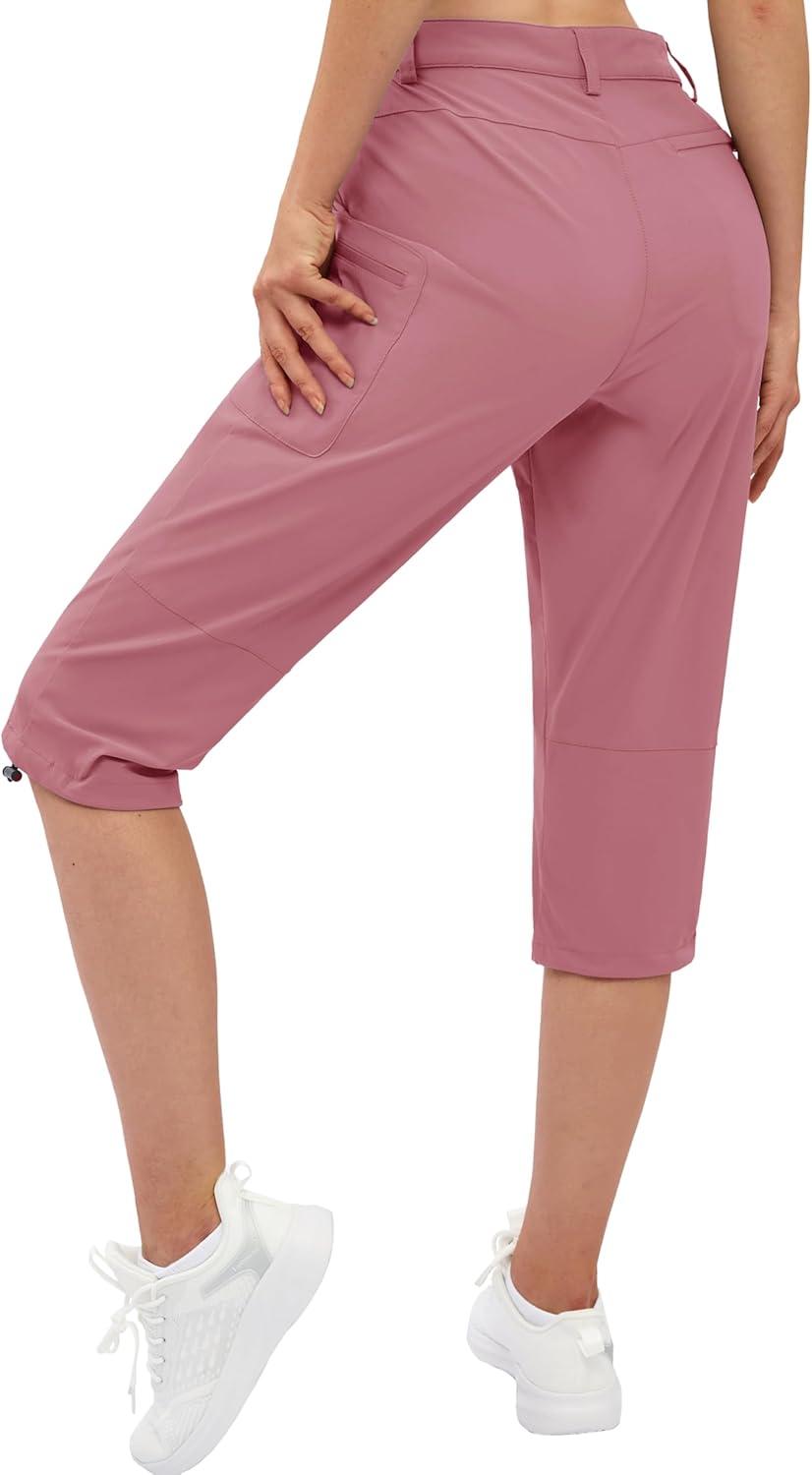 imageTACVASEN Womens Cargo Capris Hiking Pants Lightweight Quick Dry Travel Long Shorts Golf Casual Summer Zipper PocketsGrey Pink