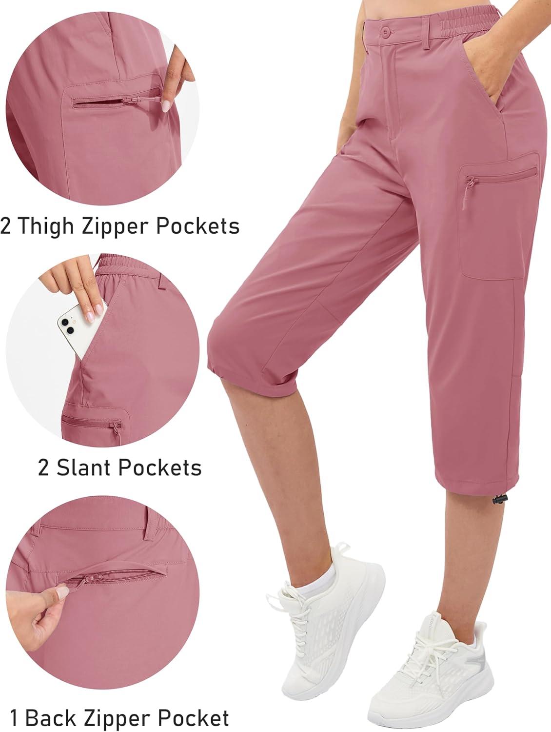 imageTACVASEN Womens Cargo Capris Hiking Pants Lightweight Quick Dry Travel Long Shorts Golf Casual Summer Zipper PocketsGrey Pink