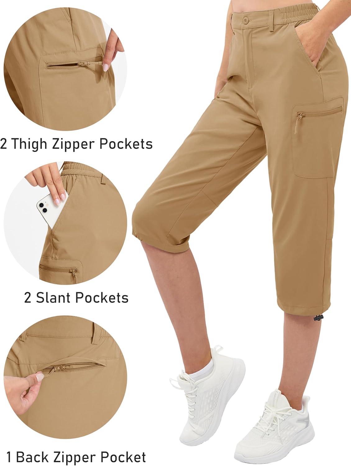 imageTACVASEN Womens Cargo Capris Hiking Pants Lightweight Quick Dry Travel Long Shorts Golf Casual Summer Zipper PocketsKhaki