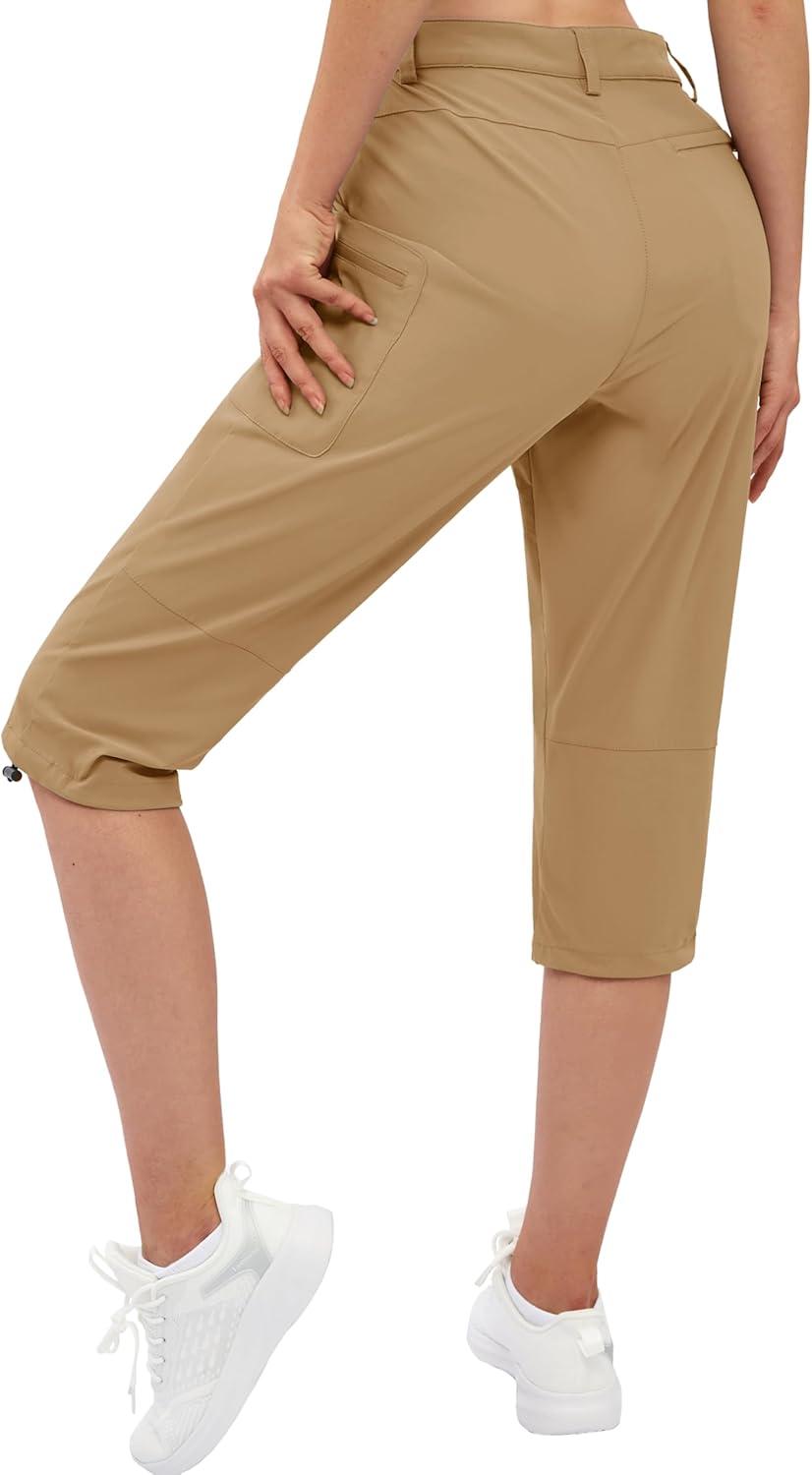 imageTACVASEN Womens Cargo Capris Hiking Pants Lightweight Quick Dry Travel Long Shorts Golf Casual Summer Zipper PocketsKhaki