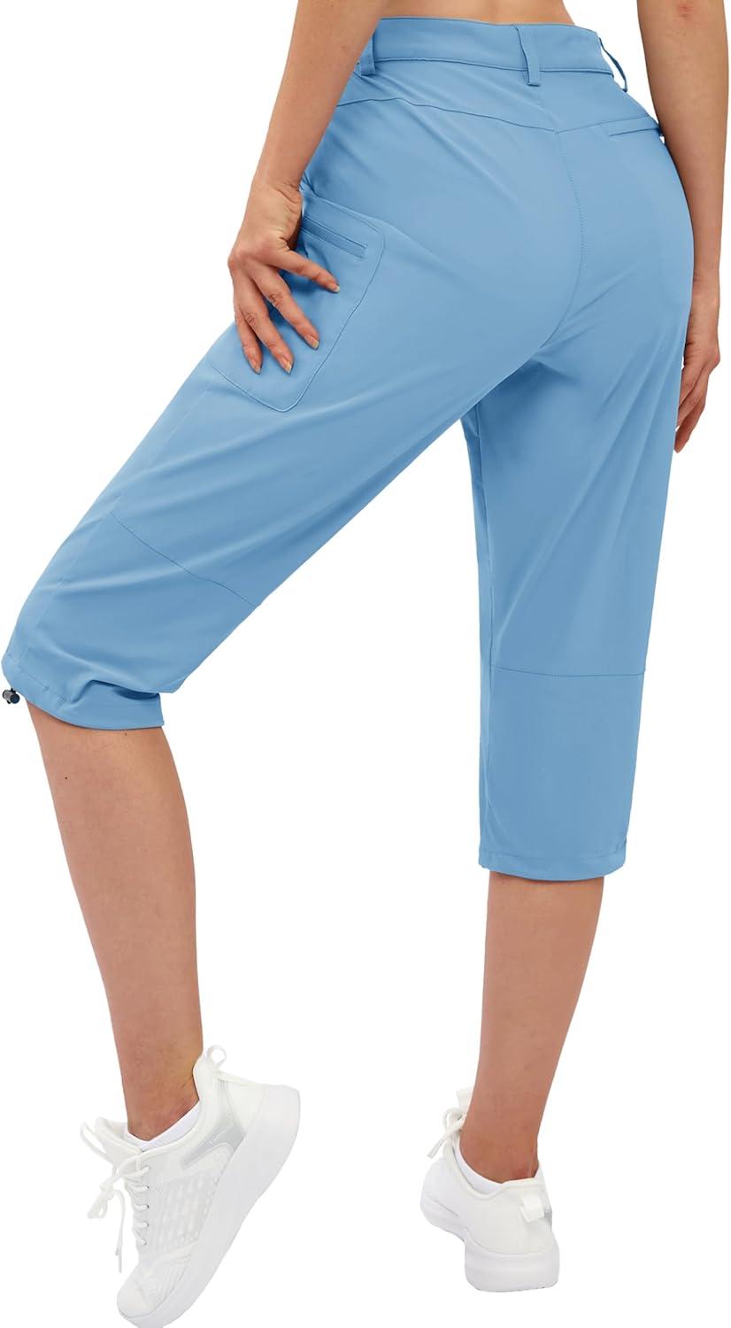 imageTACVASEN Womens Cargo Capris Hiking Pants Lightweight Quick Dry Travel Long Shorts Golf Casual Summer Zipper PocketsLight Blue