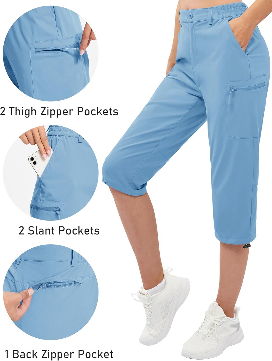 imageTACVASEN Womens Cargo Capris Hiking Pants Lightweight Quick Dry Travel Long Shorts Golf Casual Summer Zipper PocketsLight Blue