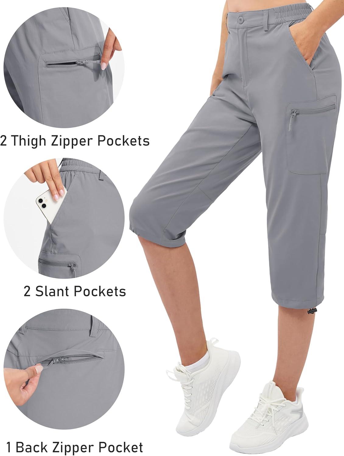 imageTACVASEN Womens Cargo Capris Hiking Pants Lightweight Quick Dry Travel Long Shorts Golf Casual Summer Zipper PocketsLight Grey