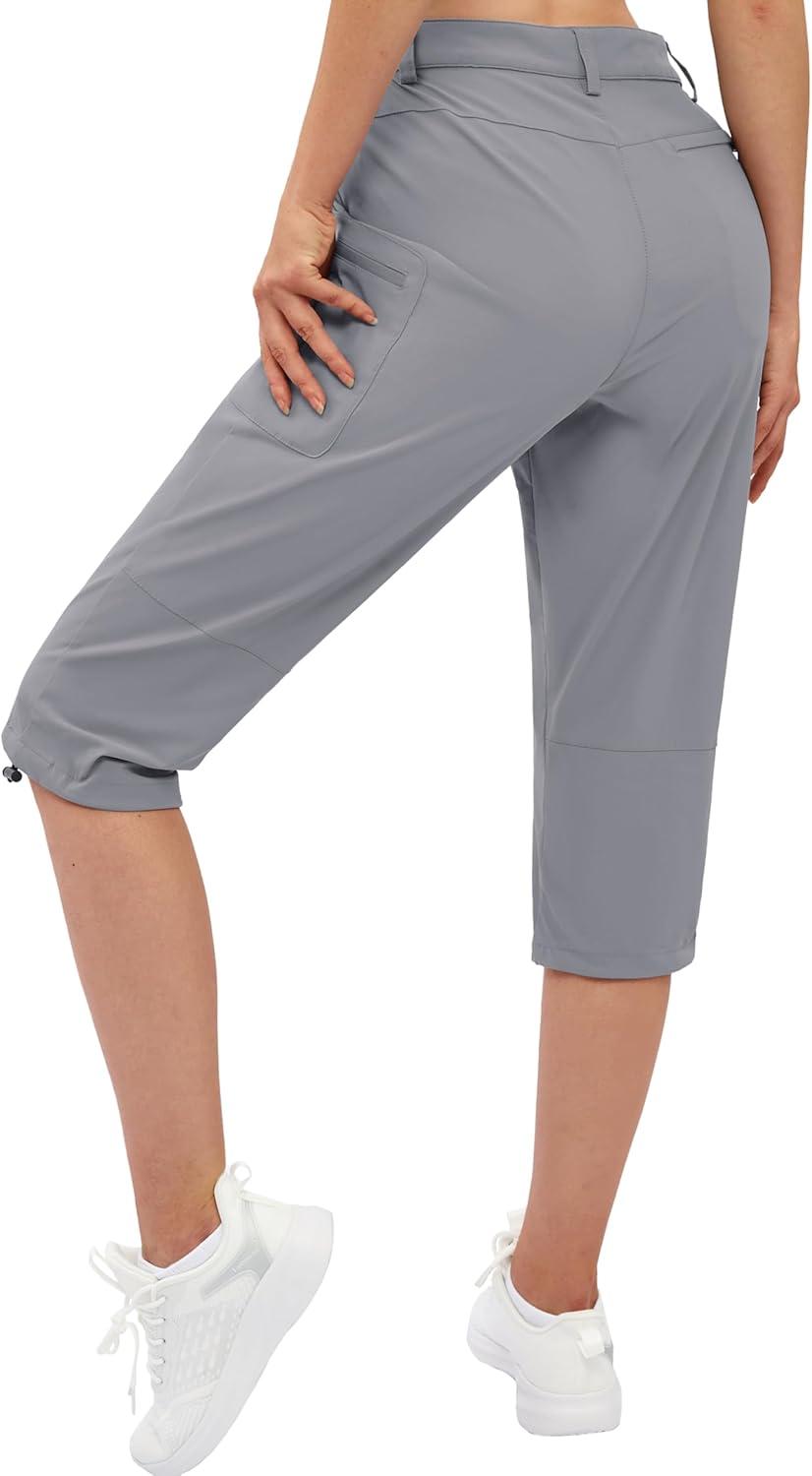 imageTACVASEN Womens Cargo Capris Hiking Pants Lightweight Quick Dry Travel Long Shorts Golf Casual Summer Zipper PocketsLight Grey