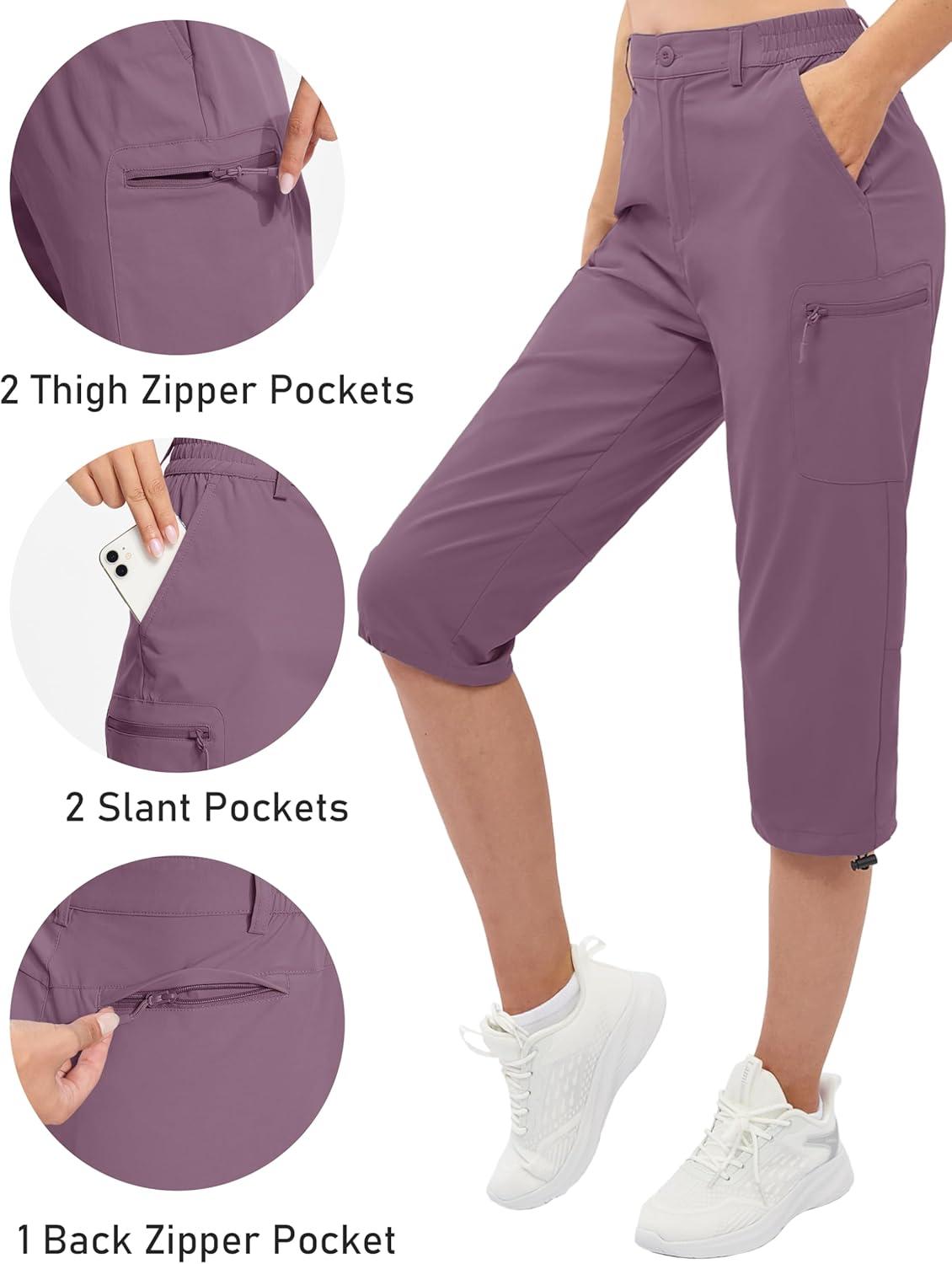 imageTACVASEN Womens Cargo Capris Hiking Pants Lightweight Quick Dry Travel Long Shorts Golf Casual Summer Zipper PocketsLotus Root Pink