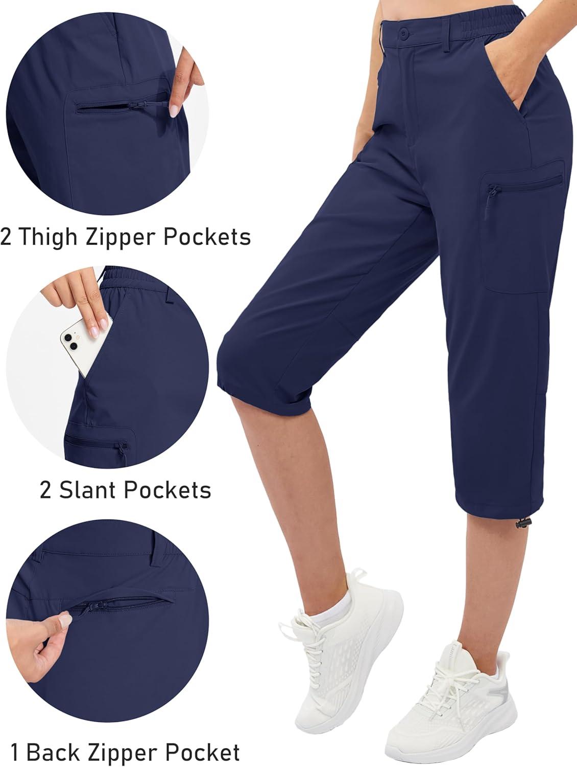 imageTACVASEN Womens Cargo Capris Hiking Pants Lightweight Quick Dry Travel Long Shorts Golf Casual Summer Zipper PocketsNavy