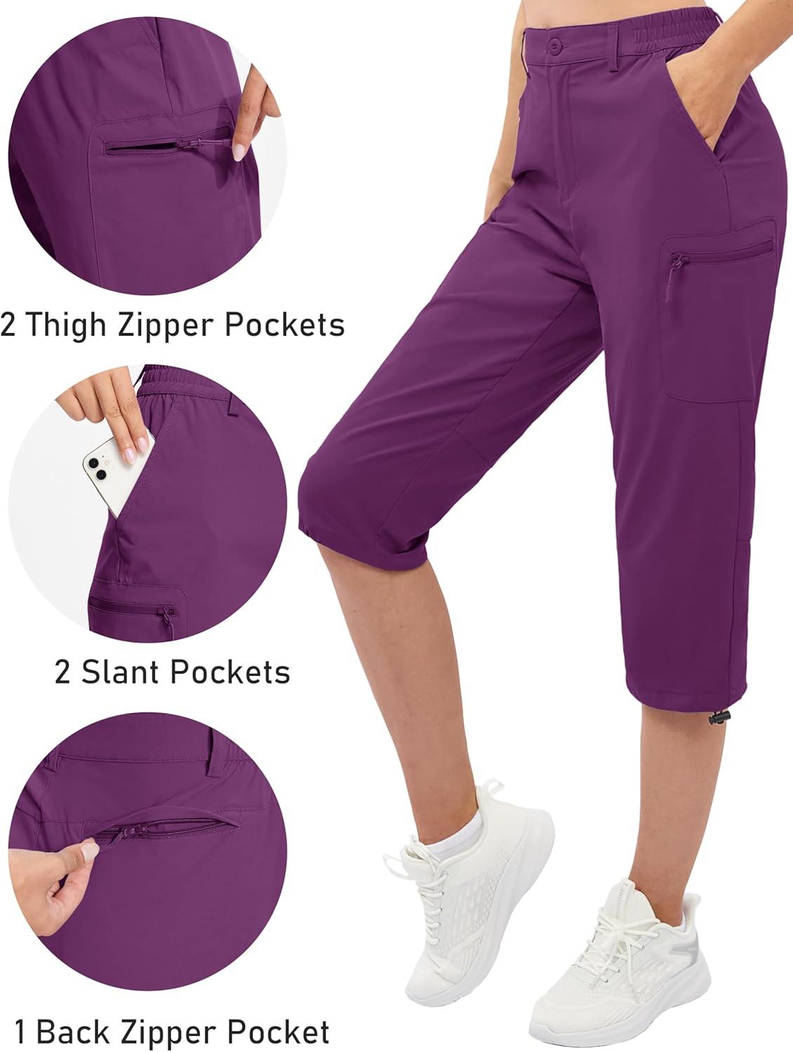 imageTACVASEN Womens Cargo Capris Hiking Pants Lightweight Quick Dry Travel Long Shorts Golf Casual Summer Zipper PocketsPurple Red