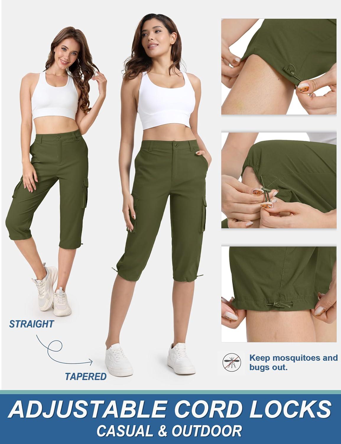 imageTACVASEN Womens Cargo Capris Lightweight Hiking Capri Pants with Pockets Water Resistant Summer Travel Outdoor CasualArmy Green