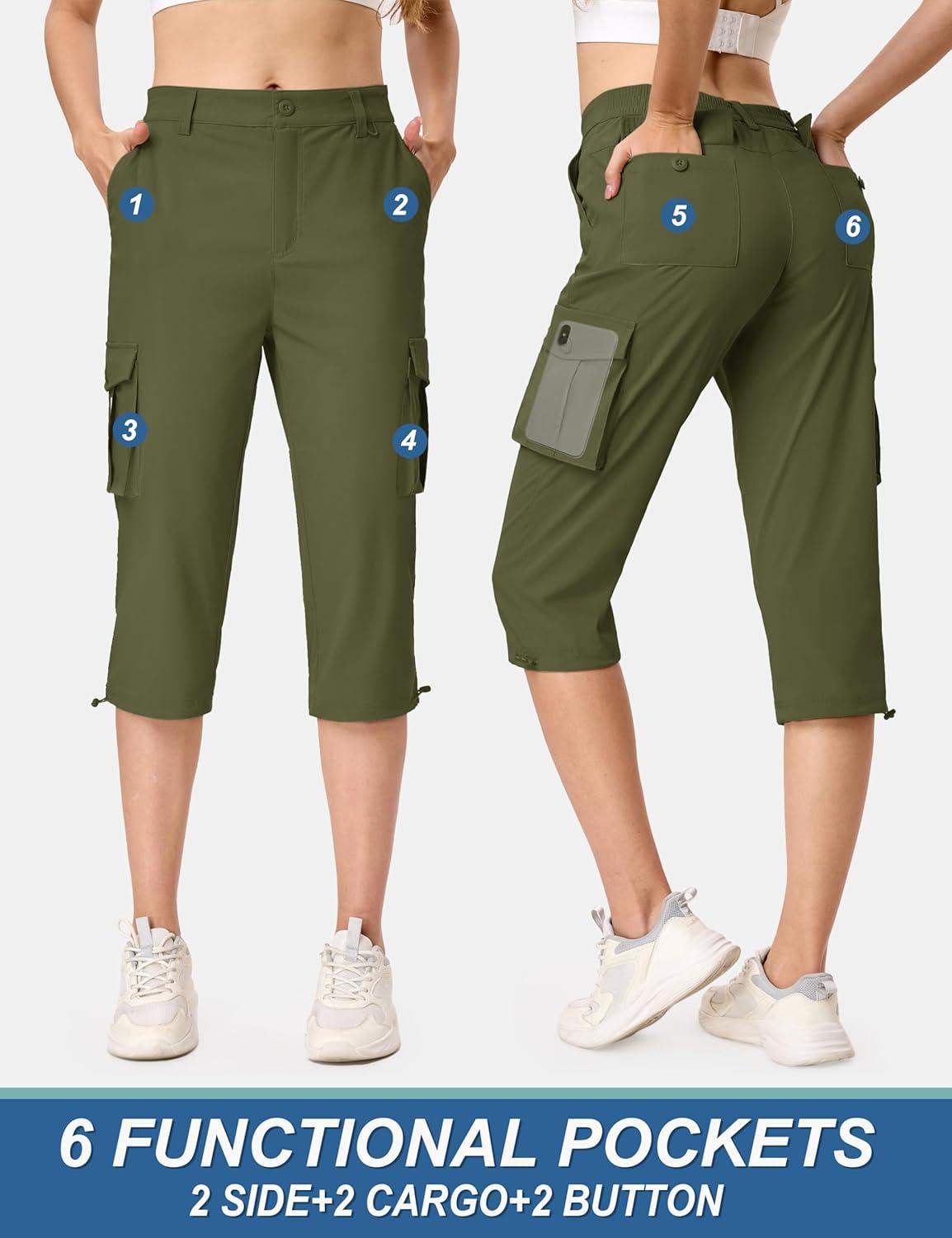 imageTACVASEN Womens Cargo Capris Lightweight Hiking Capri Pants with Pockets Water Resistant Summer Travel Outdoor CasualArmy Green