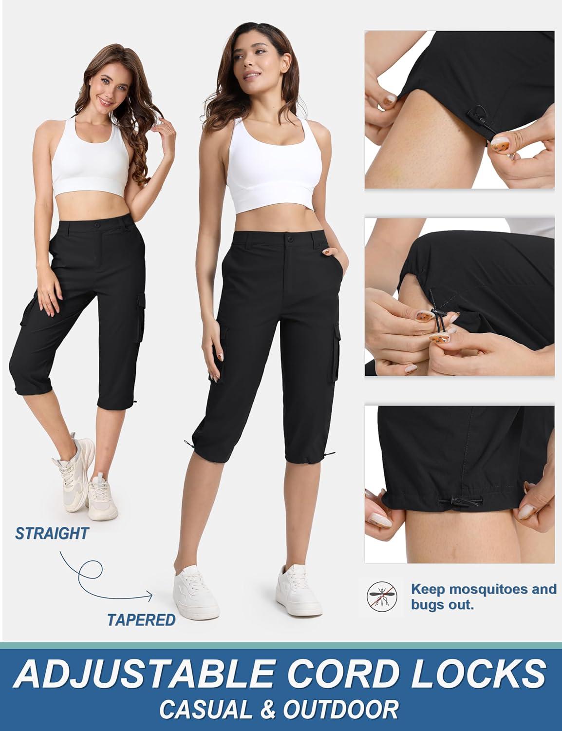 imageTACVASEN Womens Cargo Capris Lightweight Hiking Capri Pants with Pockets Water Resistant Summer Travel Outdoor CasualBlack