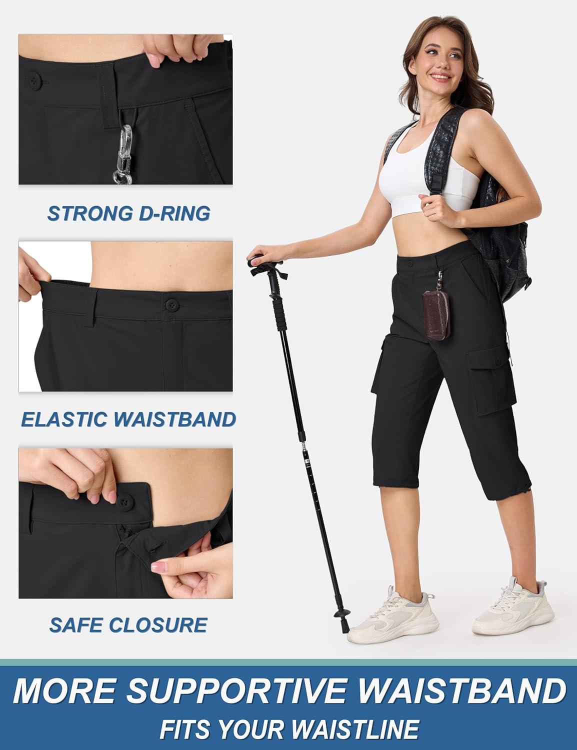 imageTACVASEN Womens Cargo Capris Lightweight Hiking Capri Pants with Pockets Water Resistant Summer Travel Outdoor CasualBlack