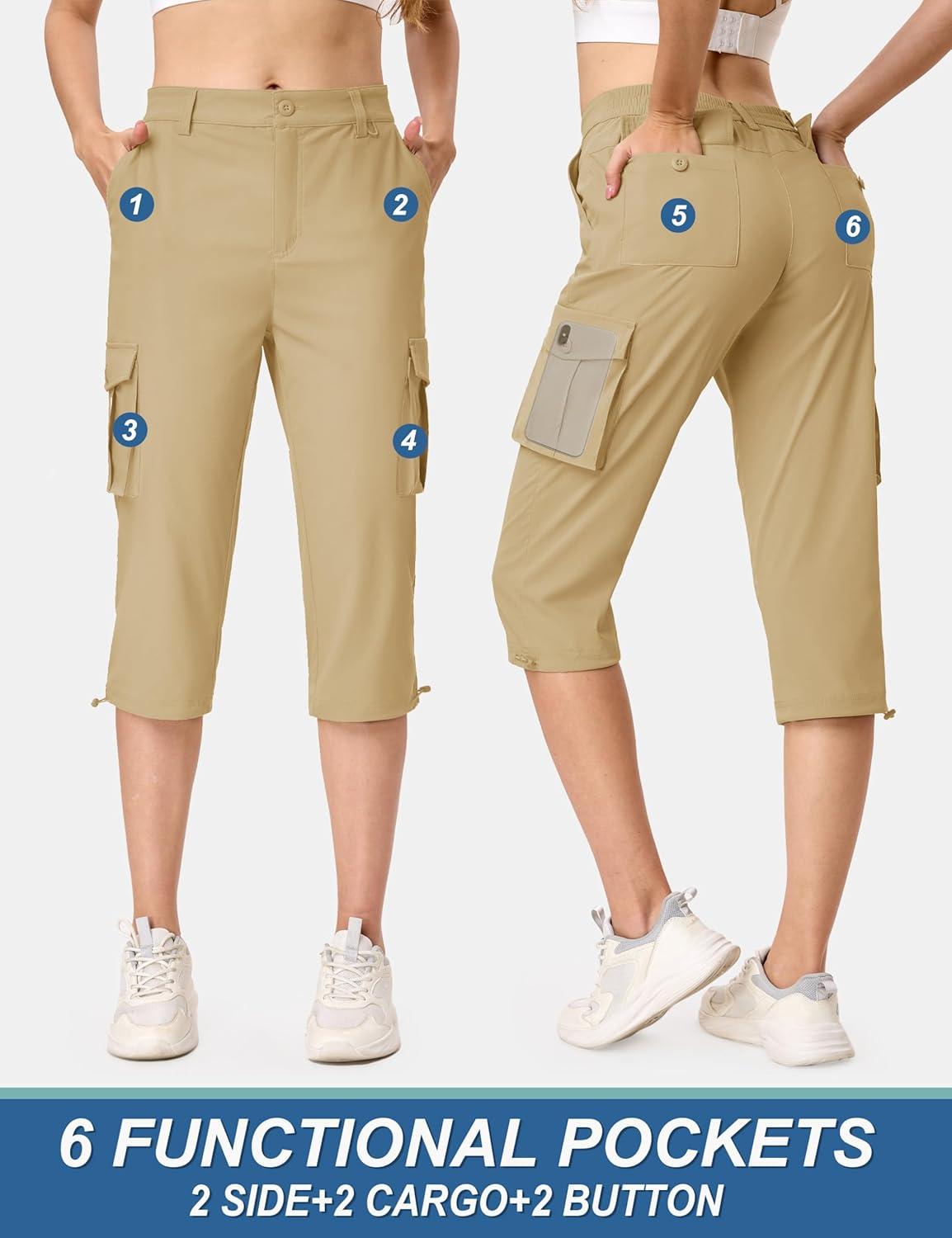 imageTACVASEN Womens Cargo Capris Lightweight Hiking Capri Pants with Pockets Water Resistant Summer Travel Outdoor CasualKhaki