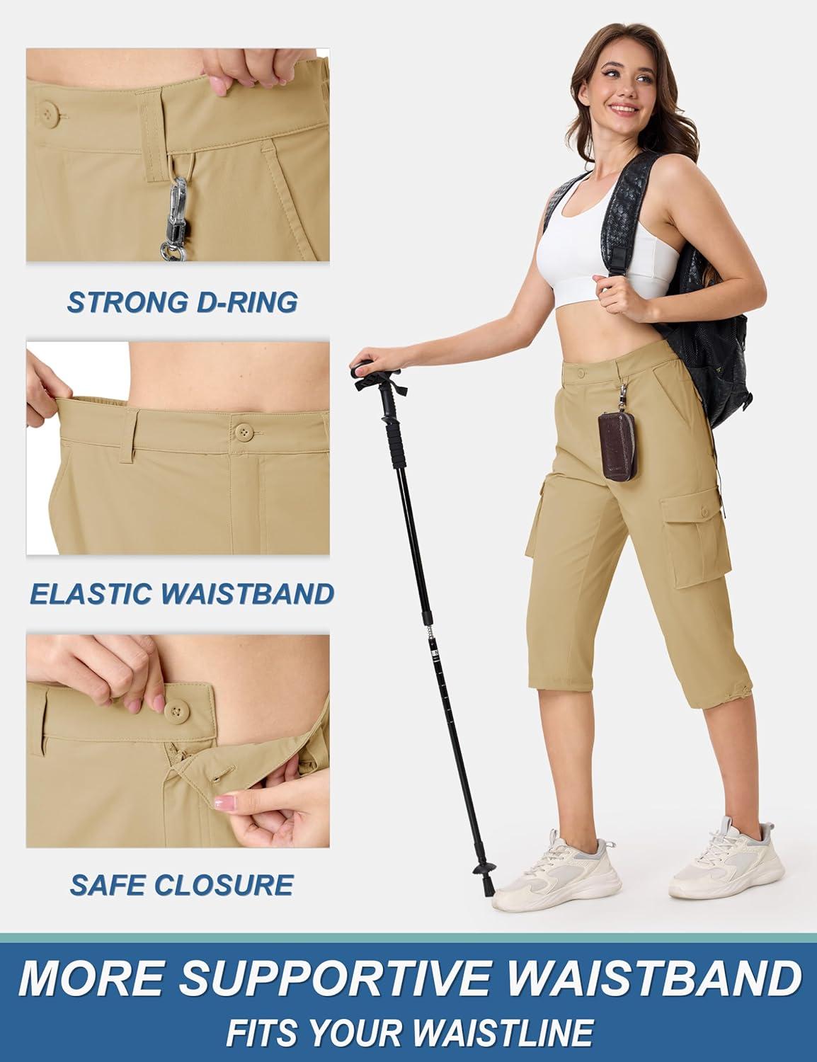 imageTACVASEN Womens Cargo Capris Lightweight Hiking Capri Pants with Pockets Water Resistant Summer Travel Outdoor CasualKhaki