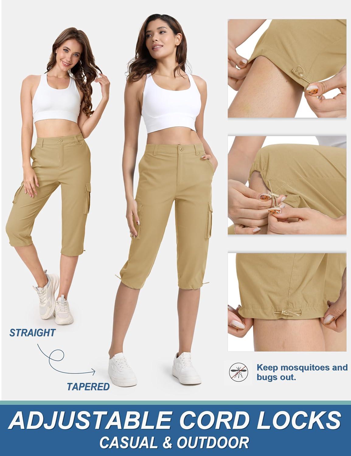 imageTACVASEN Womens Cargo Capris Lightweight Hiking Capri Pants with Pockets Water Resistant Summer Travel Outdoor CasualKhaki