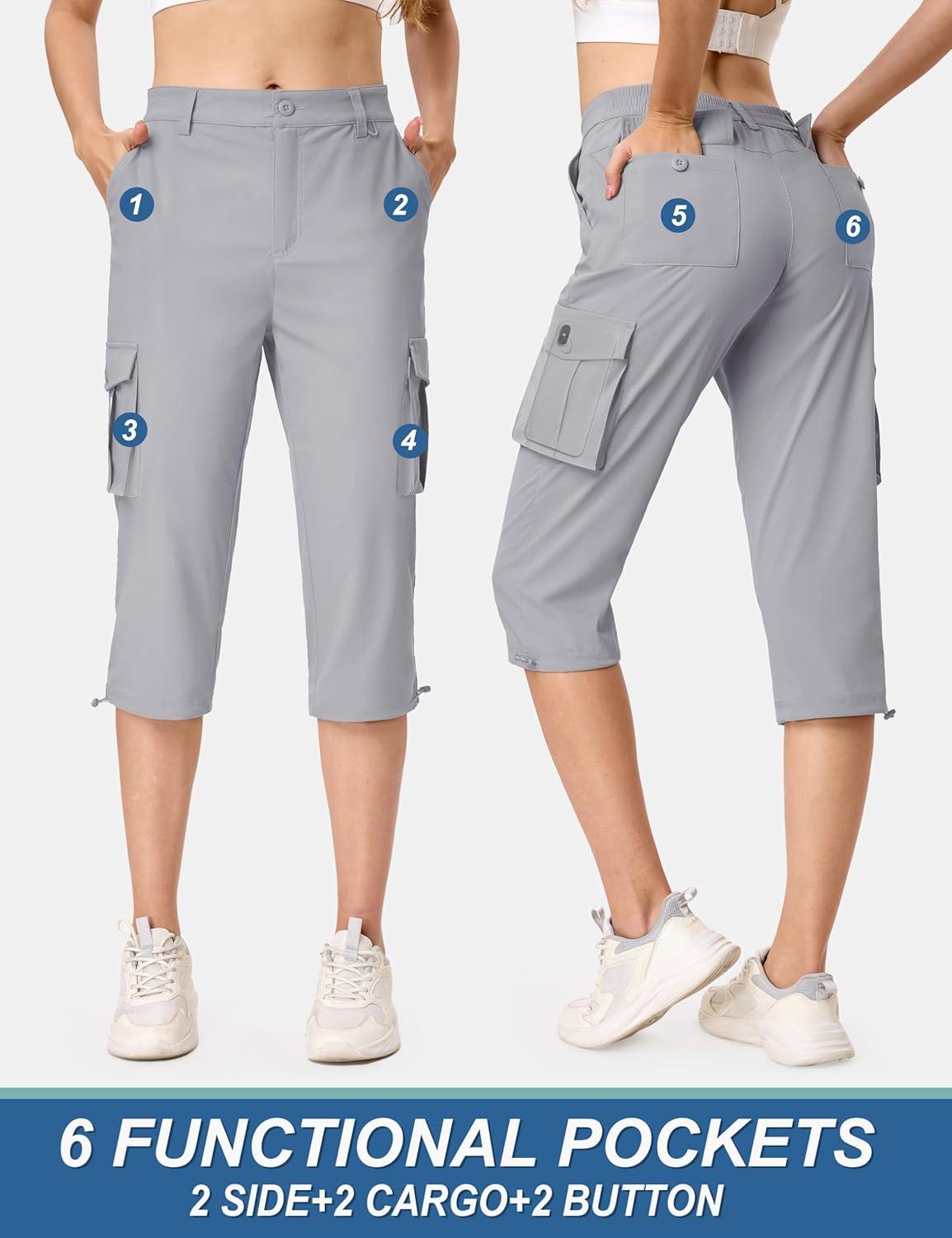 imageTACVASEN Womens Cargo Capris Lightweight Hiking Capri Pants with Pockets Water Resistant Summer Travel Outdoor CasualLight Grey