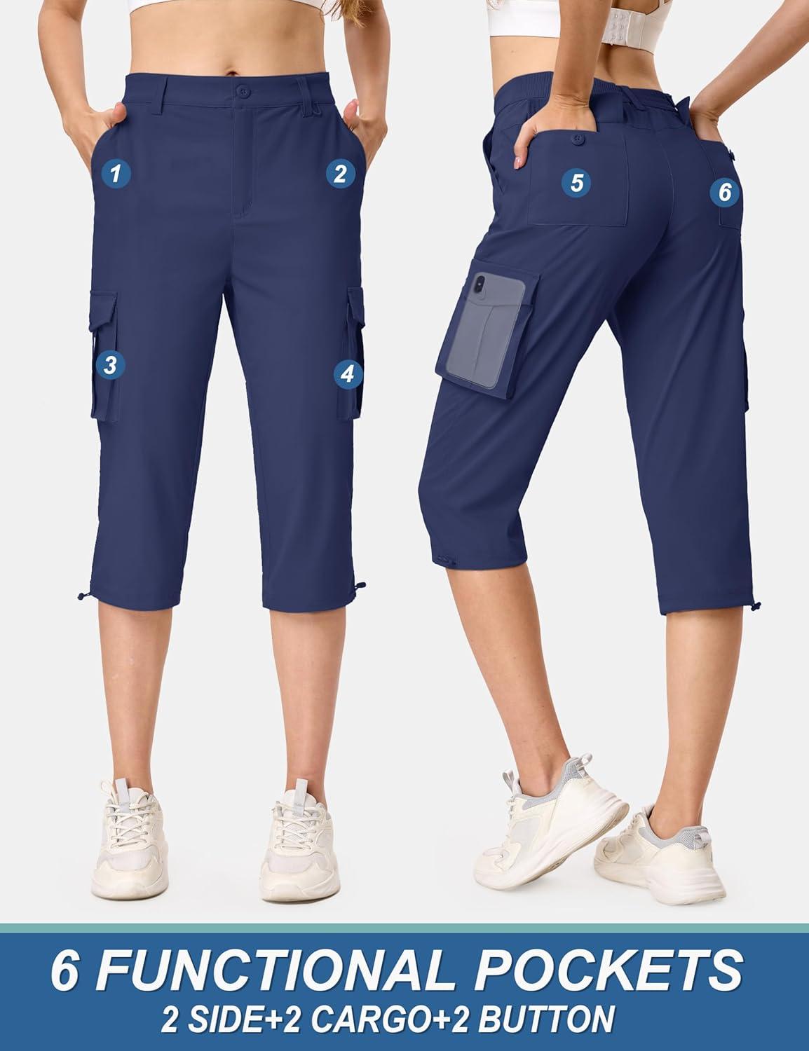 imageTACVASEN Womens Cargo Capris Lightweight Hiking Capri Pants with Pockets Water Resistant Summer Travel Outdoor CasualNavy